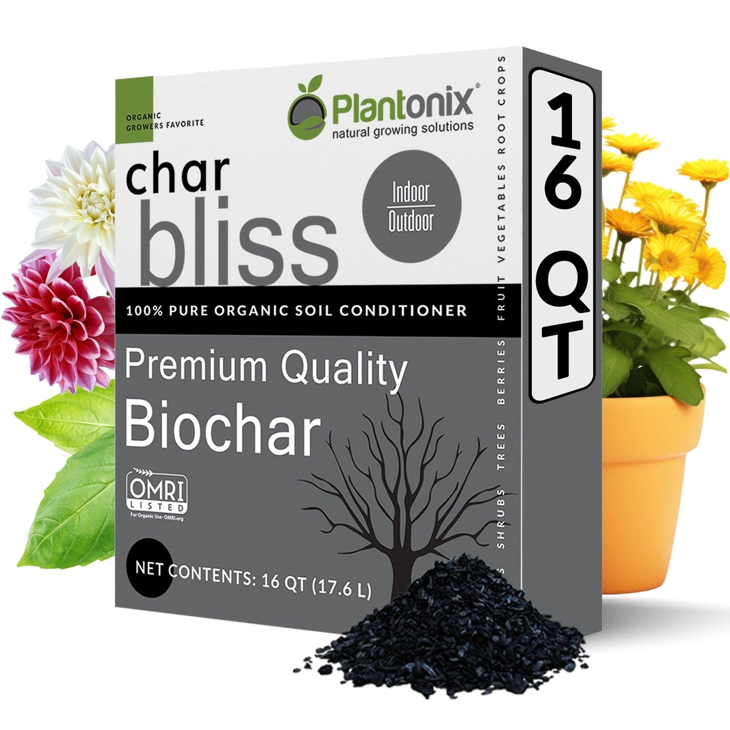 Plantonix Char Bliss Premium Biochar Soil Amendment fertilizer in a 1-quart container, enhancing soil health and fertility.