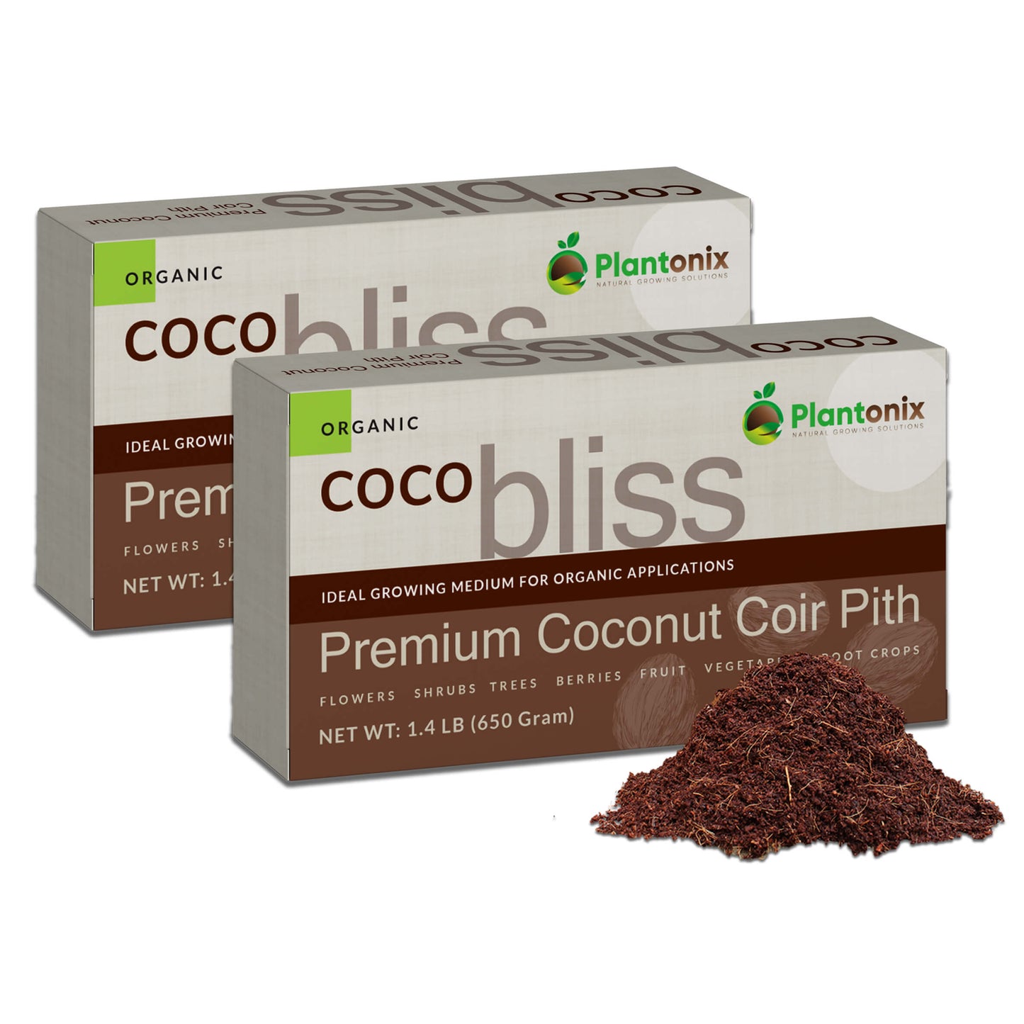 Two Plantonix Coco Bliss 650g Coco Coir Bricks for growing, shown stacked with packaging details.