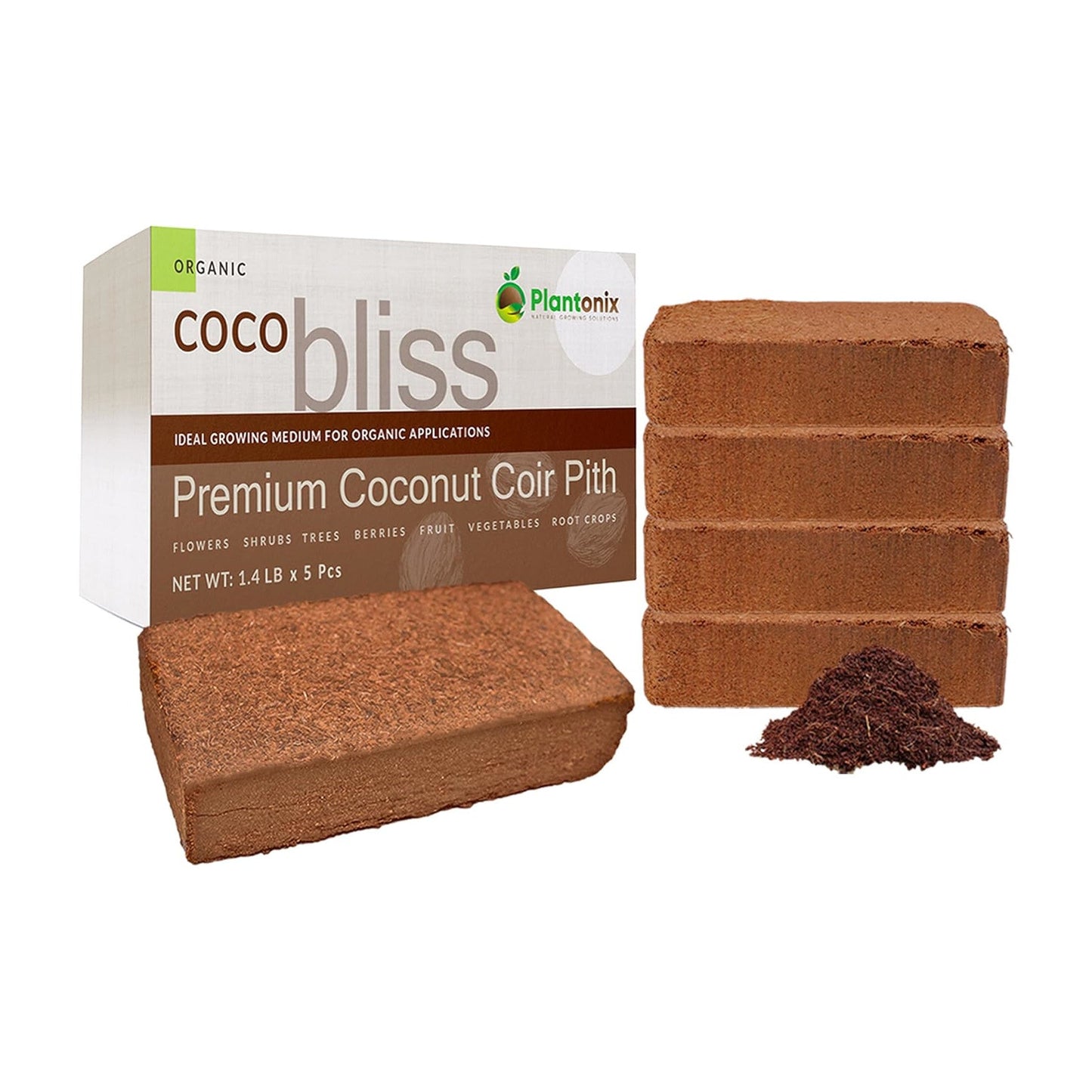 Two Coco Bliss 650g coco coir bricks from Plantonix for growing, shown stacked with packaging details visible.