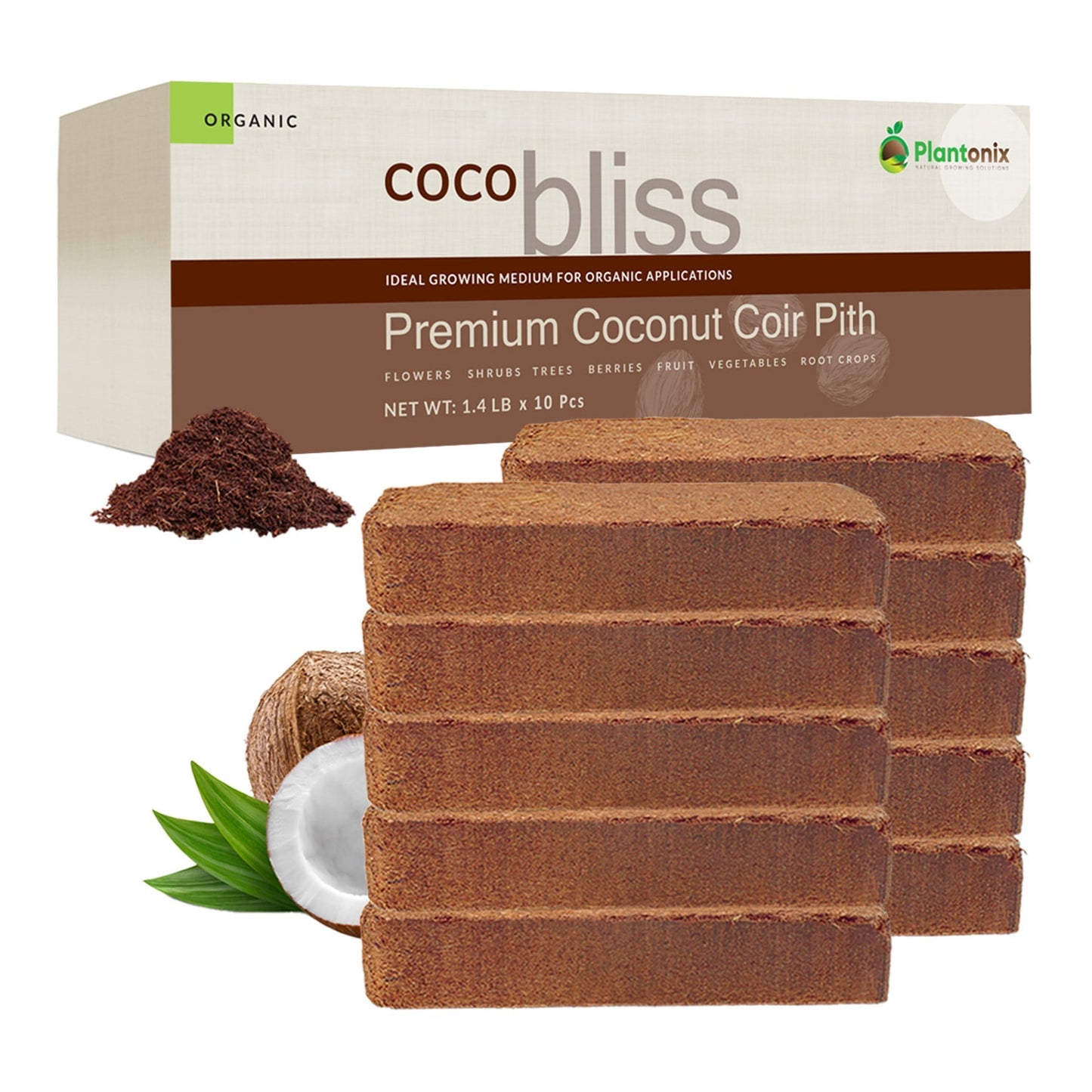 Two Coco Bliss 650g Coco Coir Bricks by Plantonix, ideal for gardening and plant growth, shown stacked with packaging.