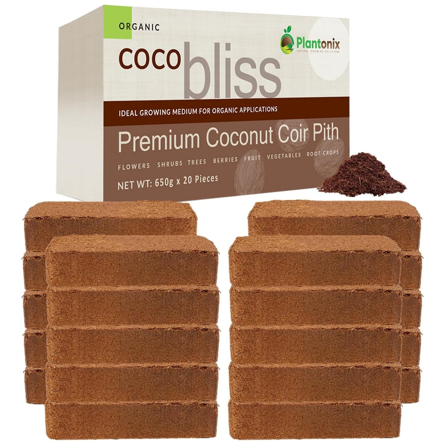 Two Plantonix Coco Bliss 650g coco coir bricks for growing plants, shown stacked with natural fiber texture.