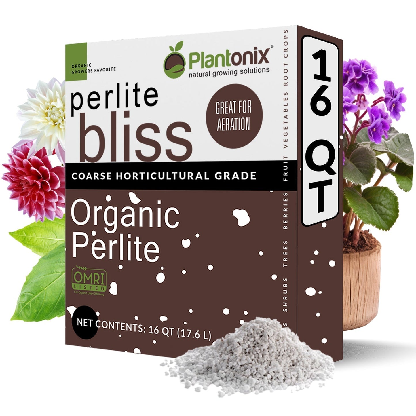 Plantonix Perlite Bliss premium horticultural grade perlite for growing, shown in an 8-quart bag, ideal for soil aeration and drainage.