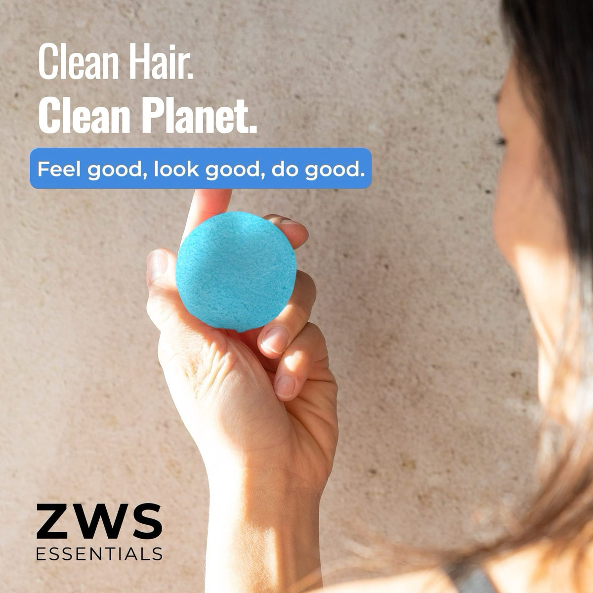 Plastic-free shampoo and conditioner bar duo by ZeroWasteStore.com, showcasing clean hair and eco-friendly packaging in cobalt scent.