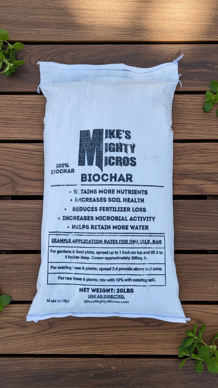 Biochar product by Mikes Mighty Micros, showing a bag of biochar with branding and label details on a white background.