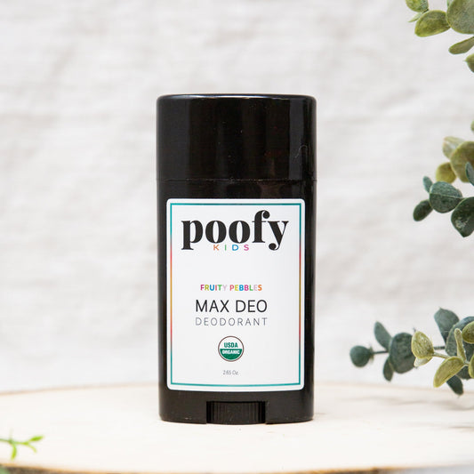 Poofy Organics Max Deo Fruity Pebbles Kids Organic Body Deodorant with colorful Fruity Pebbles design for children