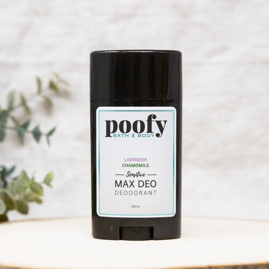 Poofy Organics Max Deo Sensitive Lavender Chamomile deodorant stick on a white background, natural body care product.