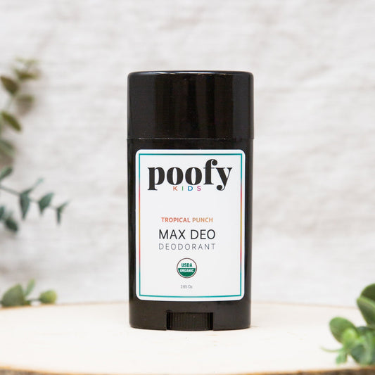 Poofy Organics MAX DEO Tropical Punch Kids Organic body deodorant stick with natural ingredients and tropical scent.