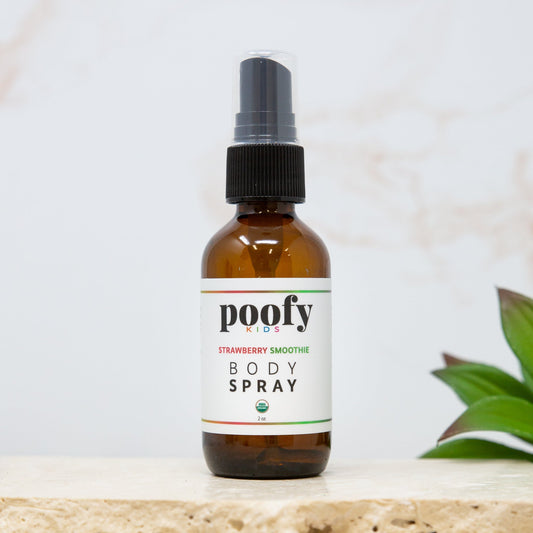 Poofy Organics Strawberry Smoothie Body Spray, organic body fragrance with fresh strawberry scent, in a spray bottle.