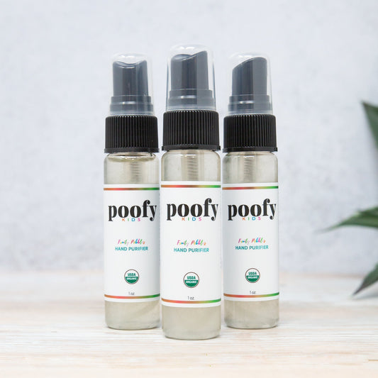 Poofy Organics Kids Hand Sanitizer 3 Pack with Fruity Pebbles scent, outdoor travel-sized bottles for kids' hygiene.