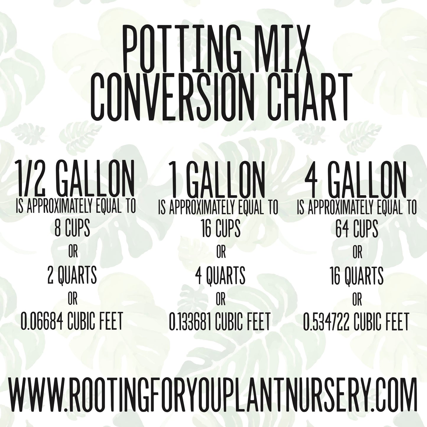 Seedling mix from Rooting For You Plant Nursery in a potting container, showing a seed starting and soil conversion chart.