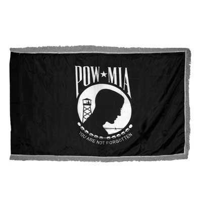 POW/MIA indoor parade flag by Flagman of America, featuring emblem and bold colors for commemorative display.