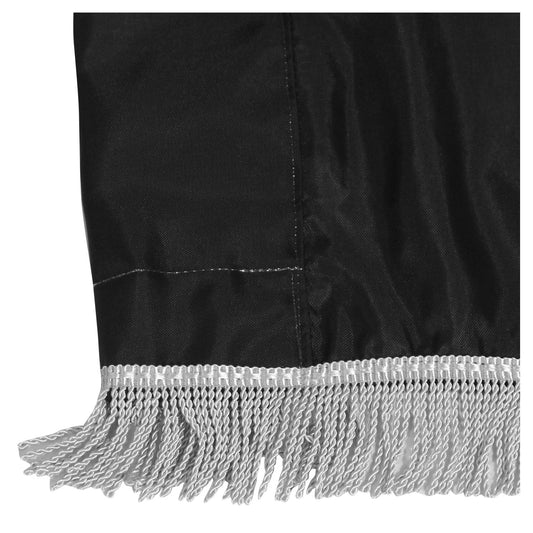 POW/MIA indoor parade flag with fringe, featuring the POW/MIA logo and patriotic design by Flagman of America.