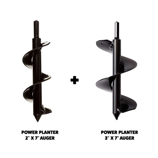 Power Planter Augers Garden Auger Starter Pack with 2-inch and 3-inch diameter augers, 7-inch length, for planting and soil work.