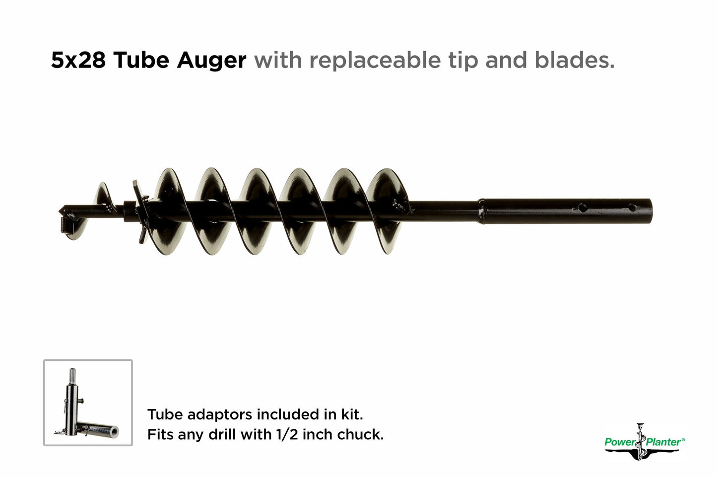 Power Planter Augers quart pot landscaping auger, 5-inch diameter and 28-inch length, designed for light to medium-duty home landscaping.