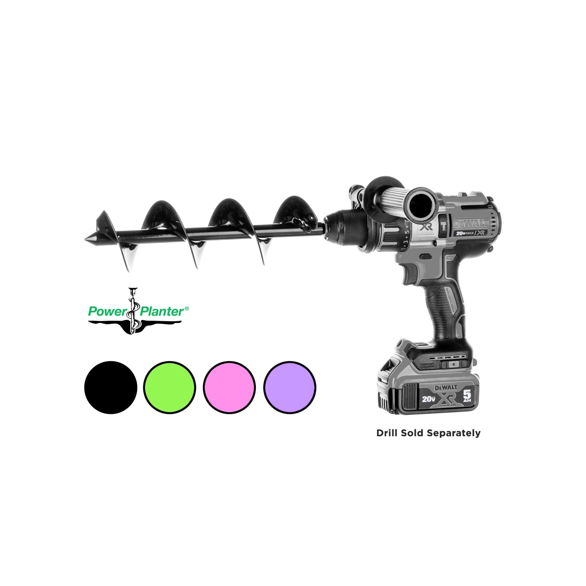 Black DIY Guru gardening auger by Power Planter, 3-inch diameter, 12-inch length, designed for efficient soil drilling.
