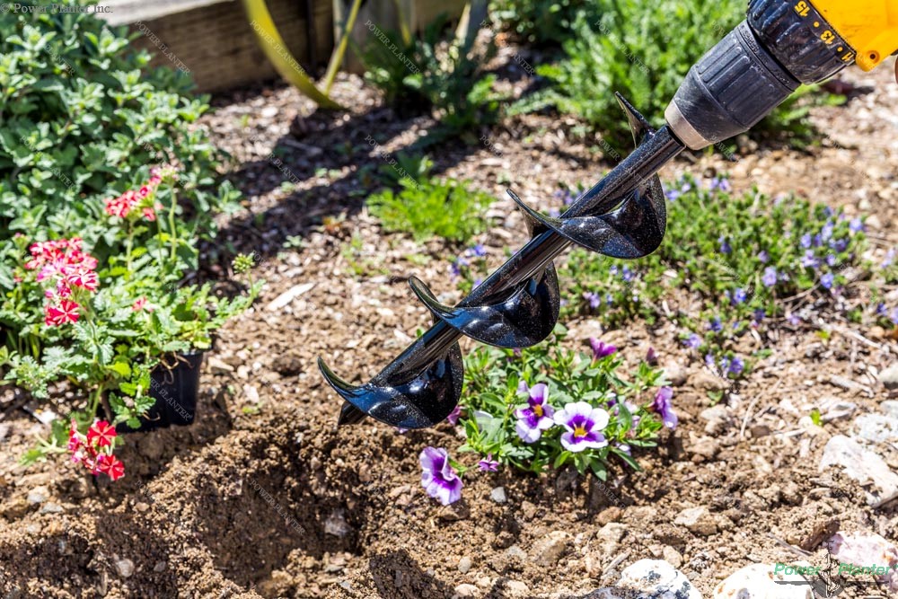 Power Planter Augers DIY Guru gardening auger, 3-inch by 12-inch black auger for soil drilling and planting tasks.