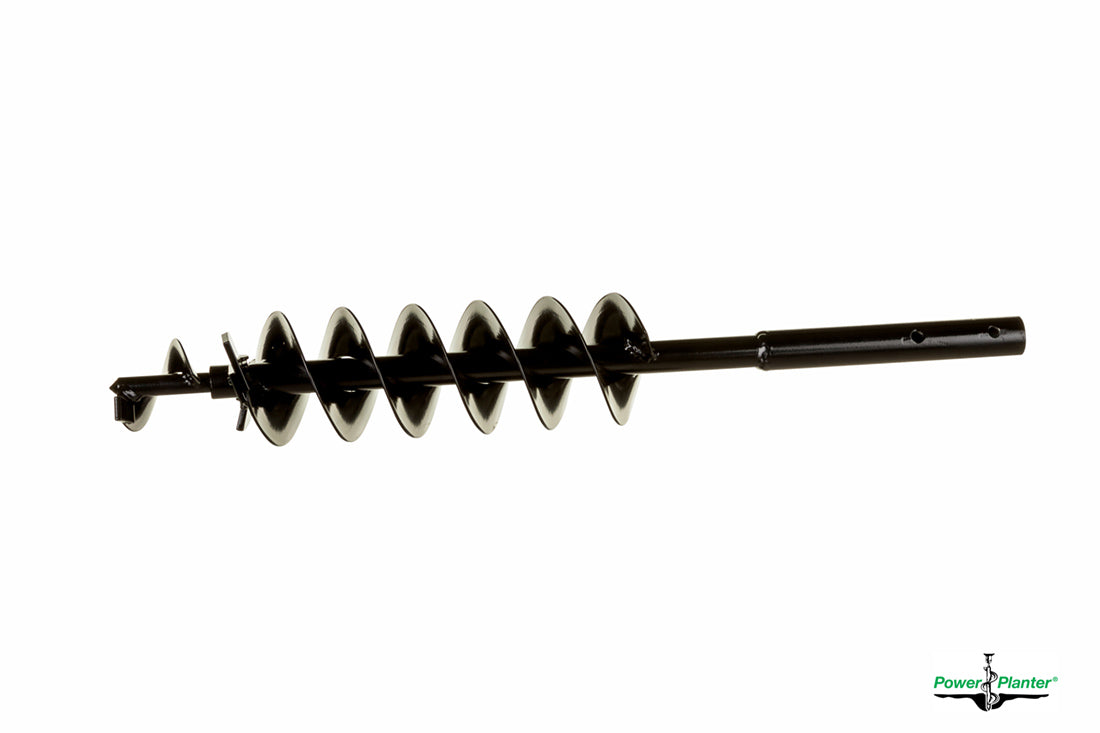 Heavy-duty 4-inch Power Planter Auger for bulbs and root quencher installation, showcasing durable steel construction and auger spiral.