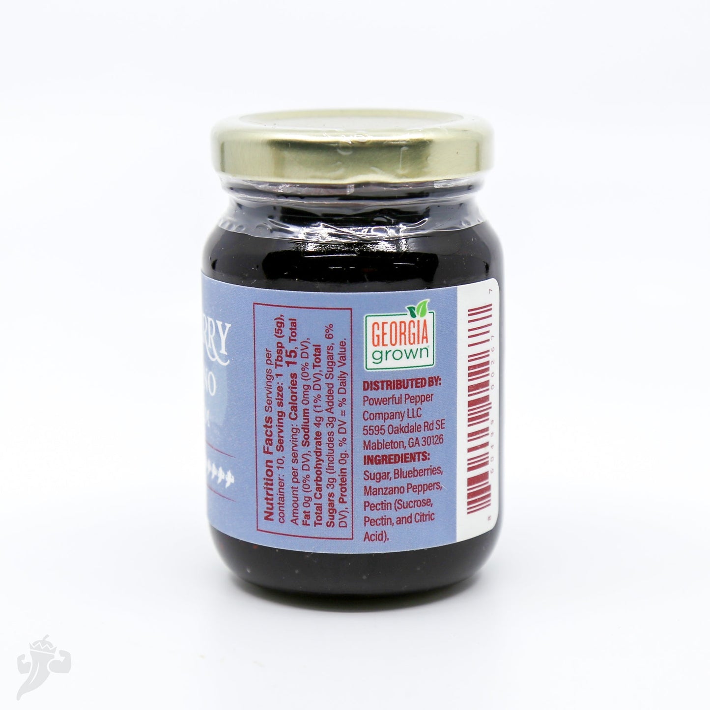 Blueberry Manzano Chili Jam by Powerful Pepper Company, vibrant jar with blueberry and chili ingredients visible.