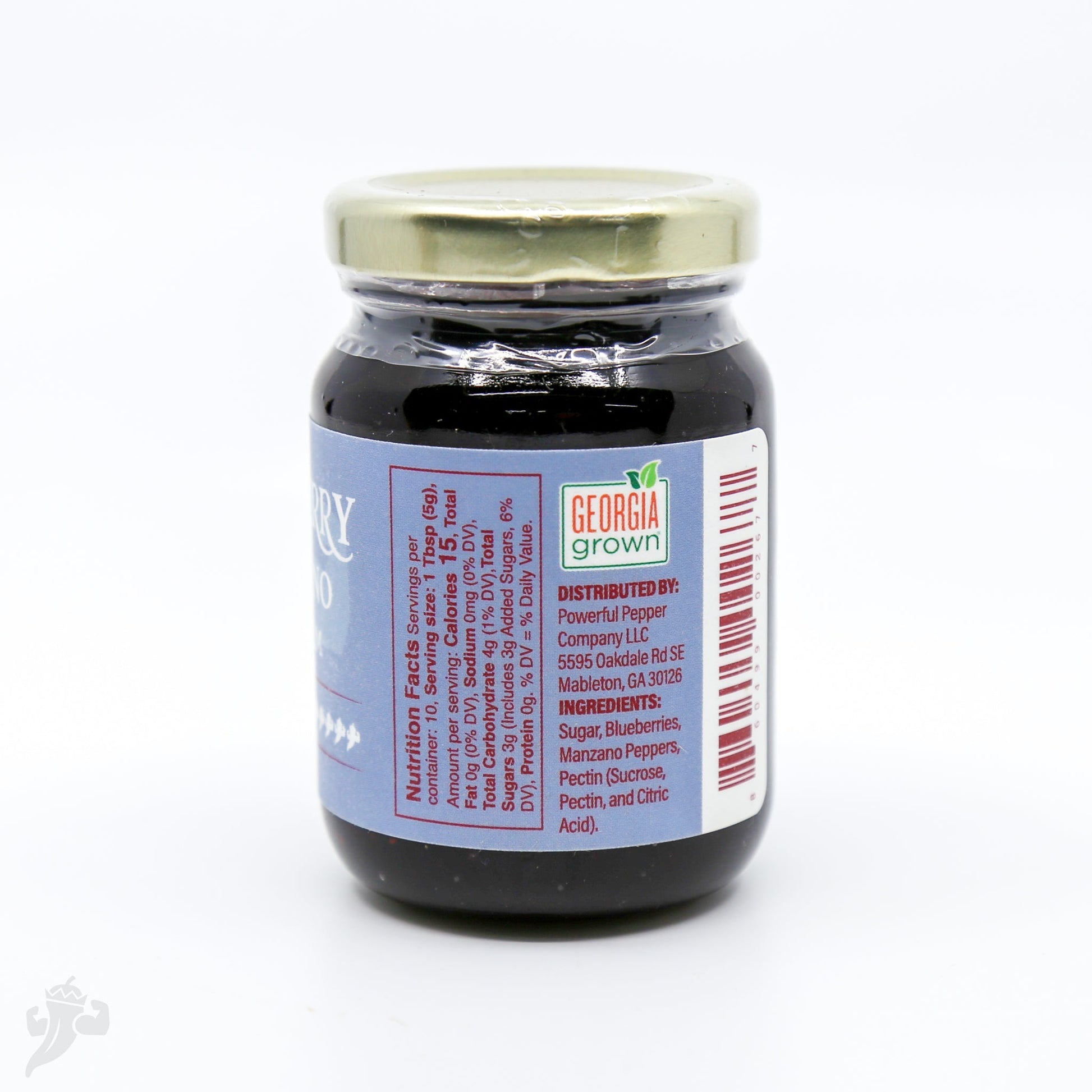 Blueberry Manzano Chili Jam by Powerful Pepper Company, vibrant jar with blueberry and chili ingredients visible.