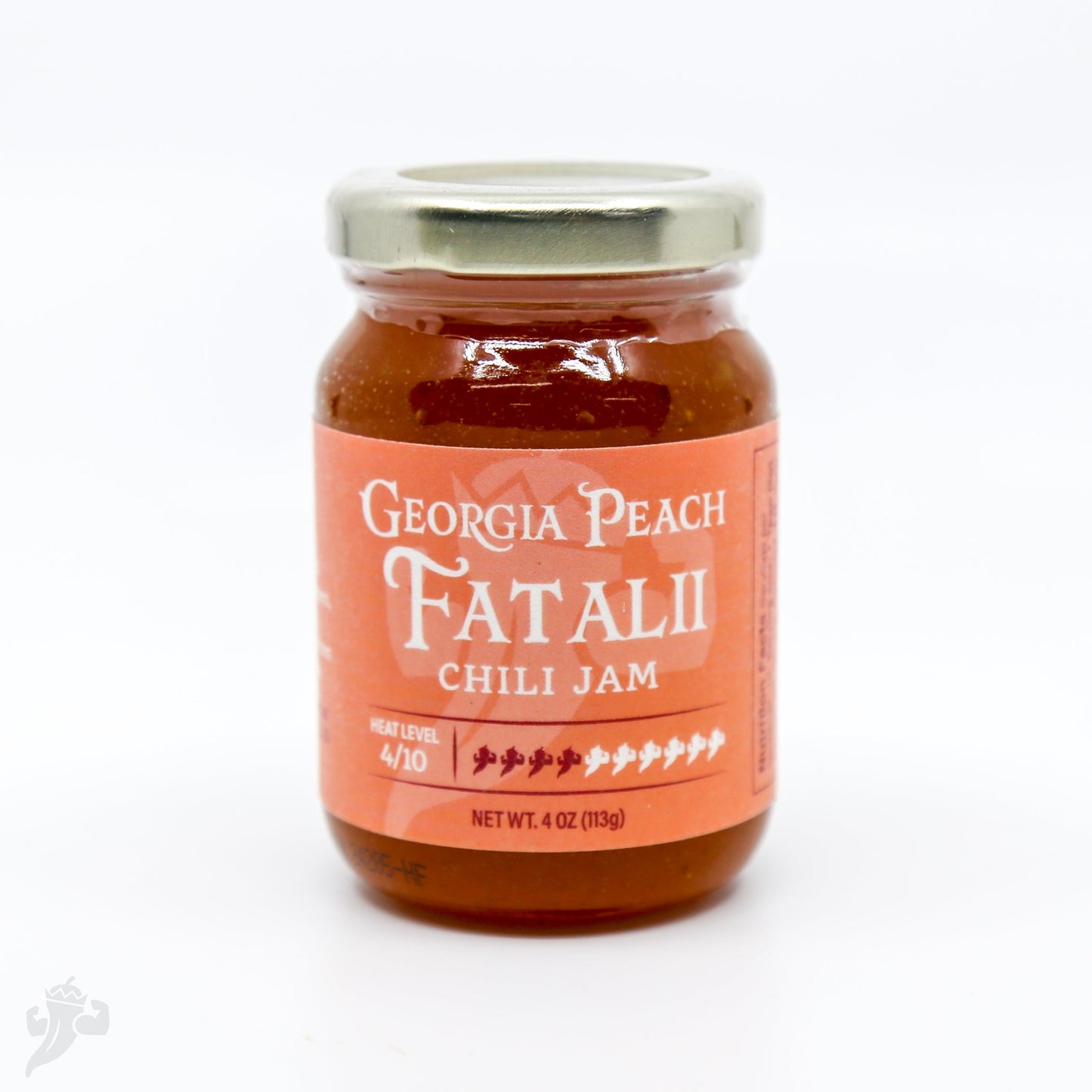 Peach Fatalii Jam from Powerful Pepper Company, a jar of vibrant peach-flavored jam with a hint of chili heat in a glass jar.
