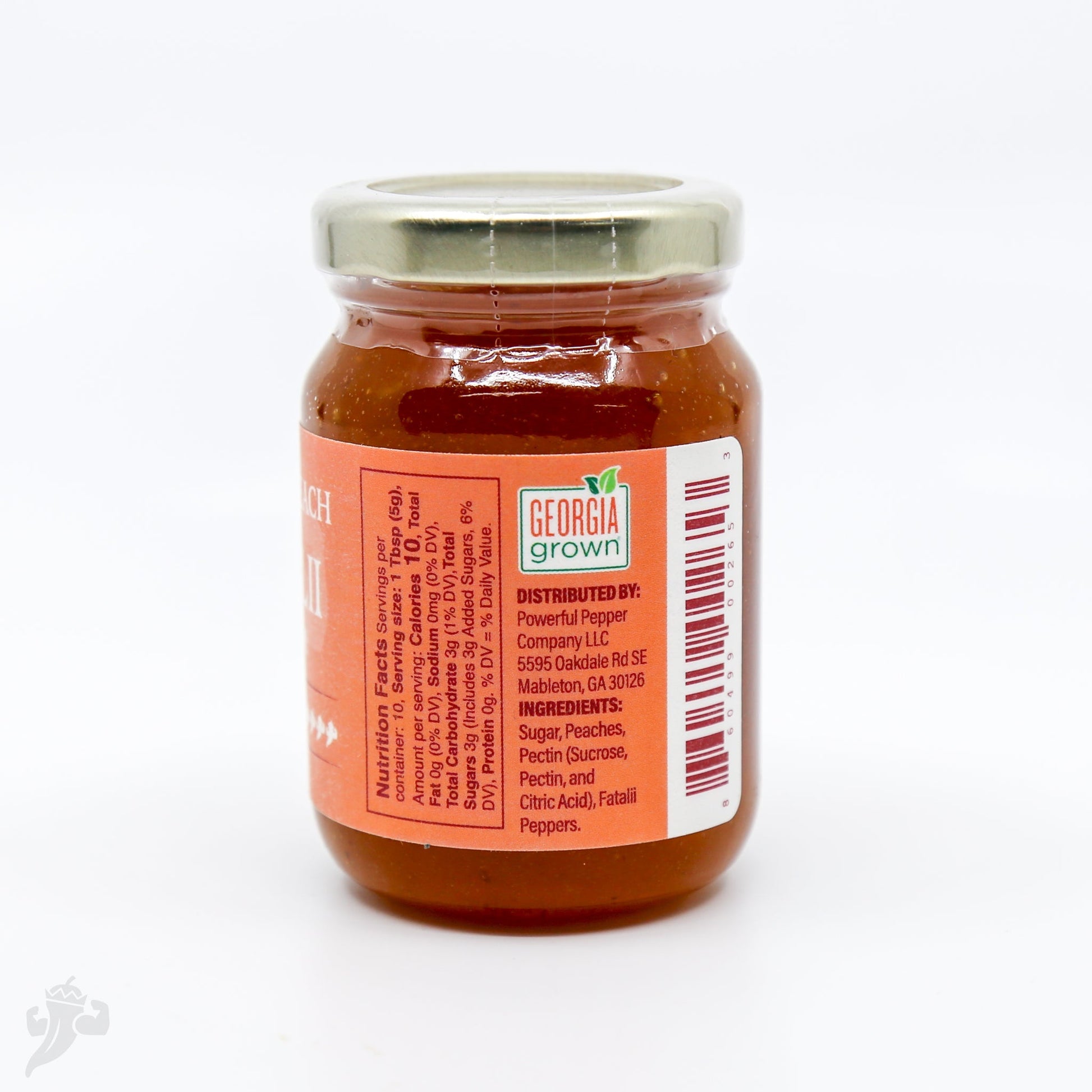 Peach Fatalii Jam by Powerful Pepper Company, a jar of sweet and spicy peach-flavored jam in a glass jar.