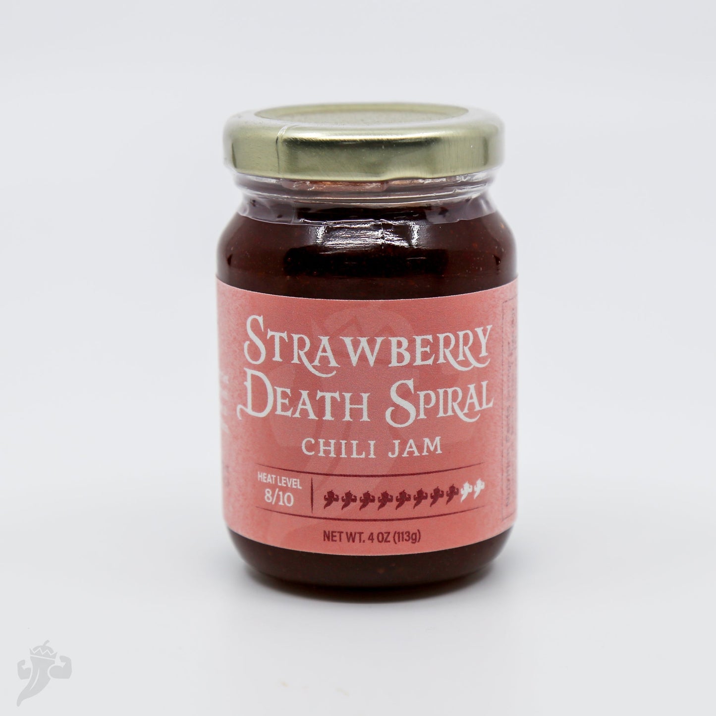Strawberry Death Spiral Chili Jam by Powerful Pepper Company in a jar with vibrant red jam and chili peppers visible.