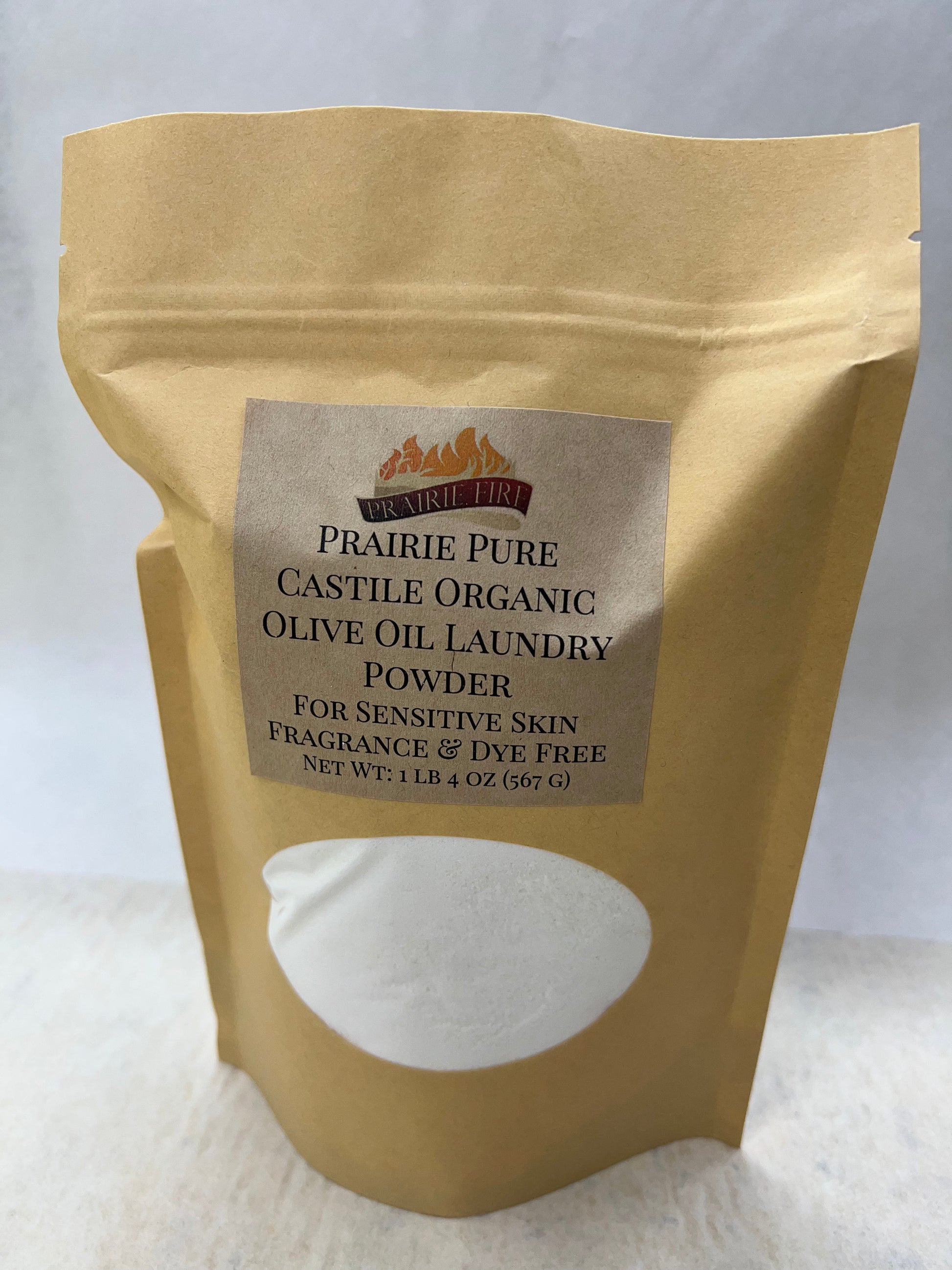 Pure Castile Organic Olive Oil laundry powder detergent by Prairie Fire, fragrance and dye free, suitable for sensitive skin.