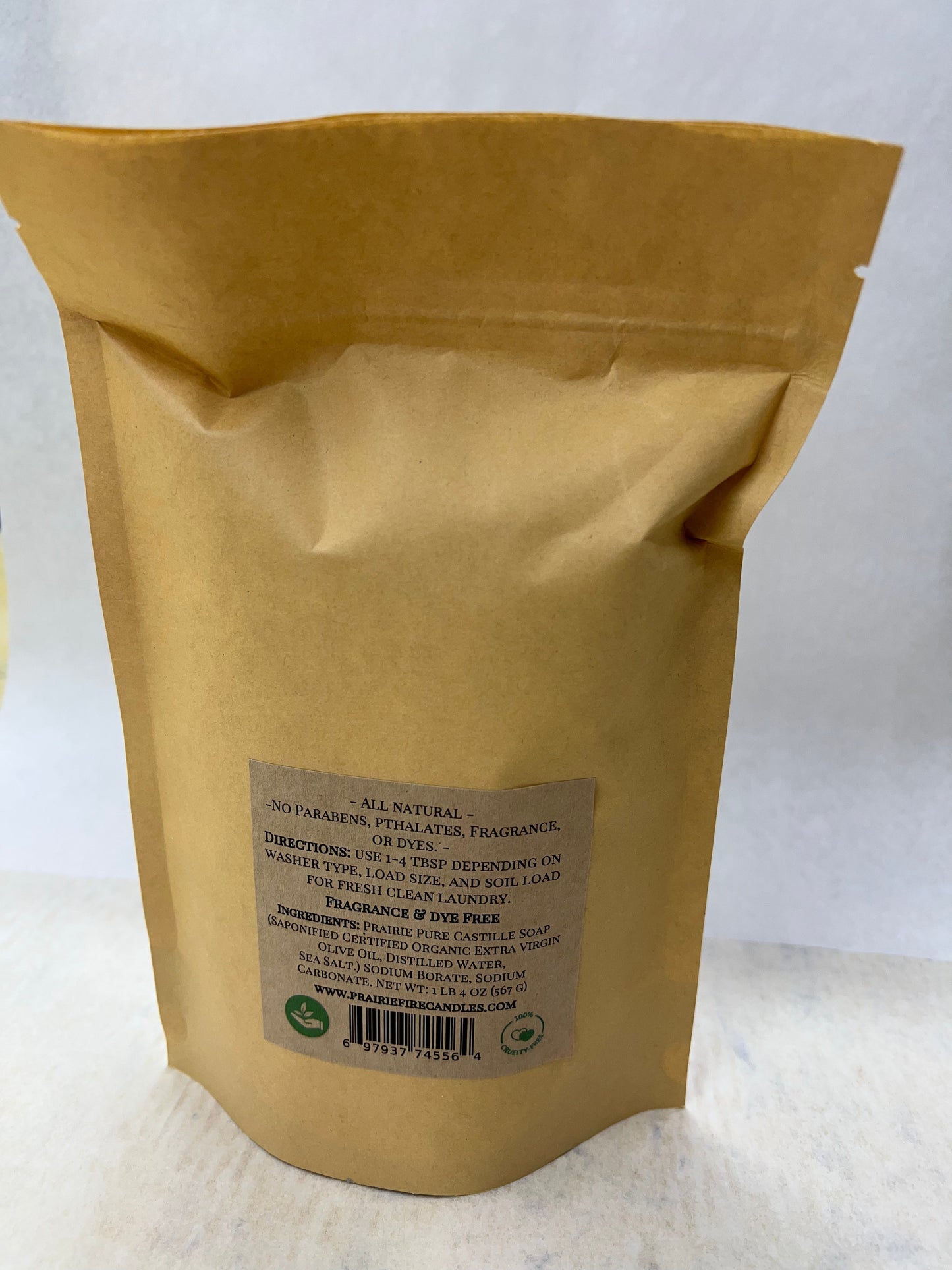 Pure Castile Organic Olive Oil Laundry Powder detergent in 1 lb 4 oz packaging, fragrance and dye free for sensitive skin, from Prairie Fire.