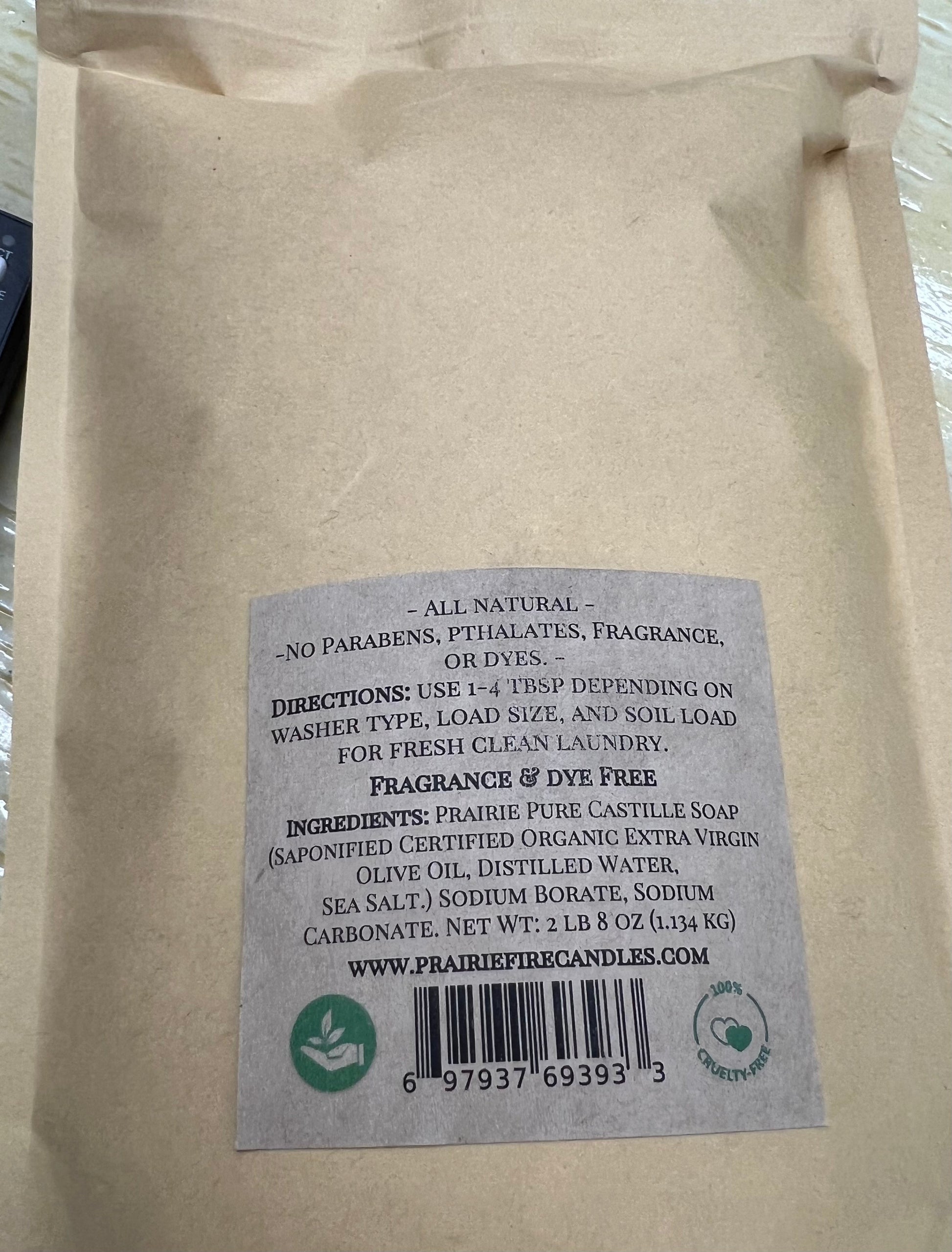 Pure Castile Organic Olive Oil Laundry Detergent in 2 lb 8 oz package, fragrance and dye free, gentle on sensitive skin, by Prairie Fire.