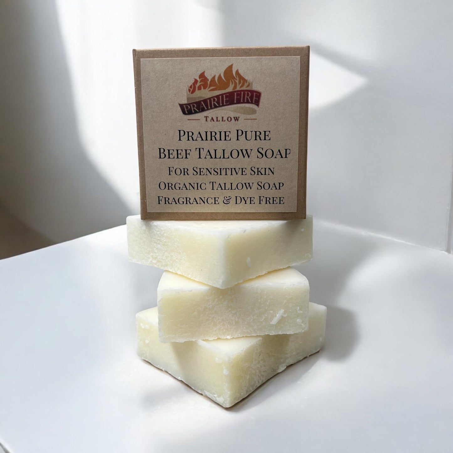 Prairie Fire Tallow beef soap bar pack, natural, fragrance-free, made in USA, for face, body, and hair cleansing and moisturizing.
