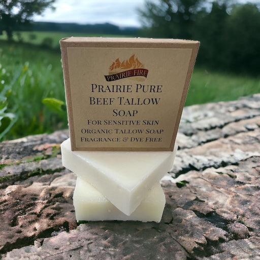 Pure Beef Tallow Soap Bar by Prairie Fire, 3-pack, fragrance-free, made in USA, for face, body, and hair cleansing and hydration.