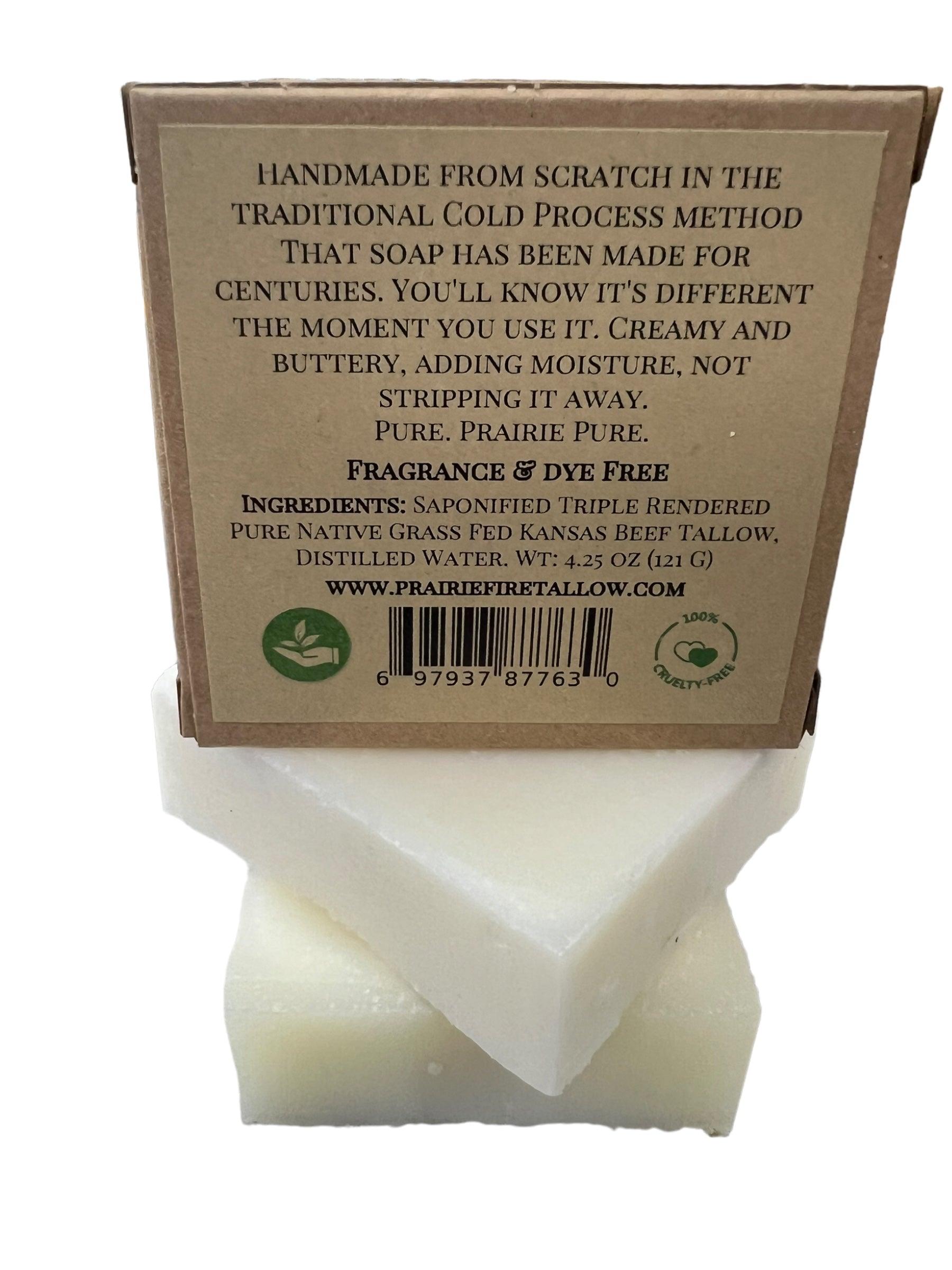 Pure Beef Tallow Soap Bar from Prairie Fire, 3-pack, natural and organic, for face, body, and hair cleansing and moisturizing.