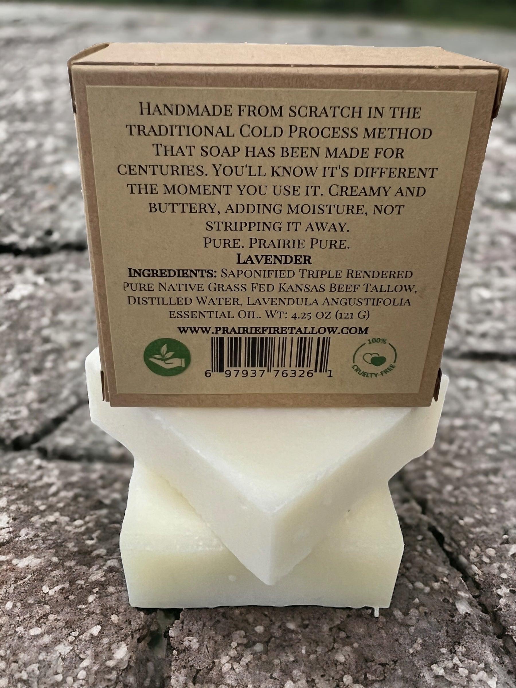 Pure Beef Tallow Soap Bar by Prairie Fire Tallow, Candles, and Lavender, 3-pack, natural organic bar for face, body, and hair cleansing.