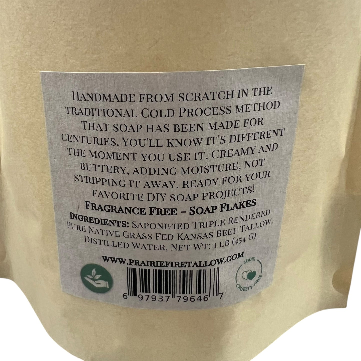 Pure Beef Tallow Soap Flakes bar soap by Prairie Fire Tallow, made in USA, natural, organic, for face, body, and hair cleansing.