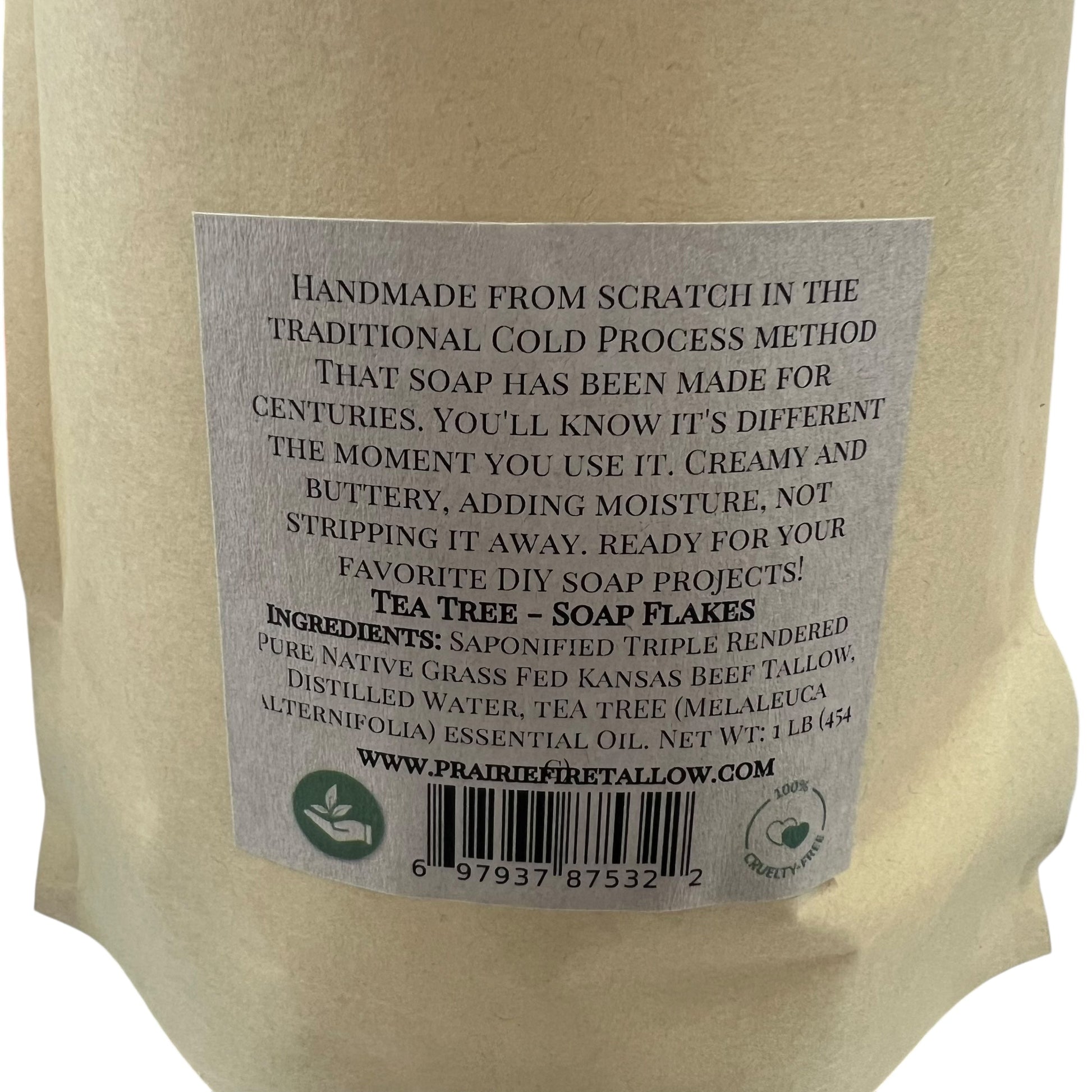 Prairie Fire Tallow bar soap with pure beef tallow flakes, natural, organic, fragrance-free, for face, body, and hair cleansing and hydration.