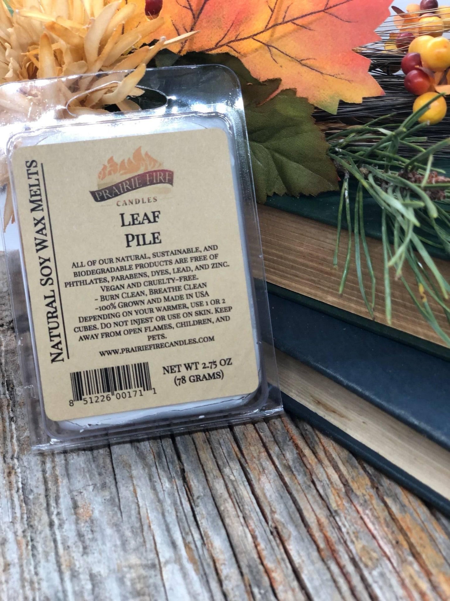 Vegan soy wax melts and wax cubes from Prairie Fire Tallow Candles with lavender and blue stems, wickless small-batch candles