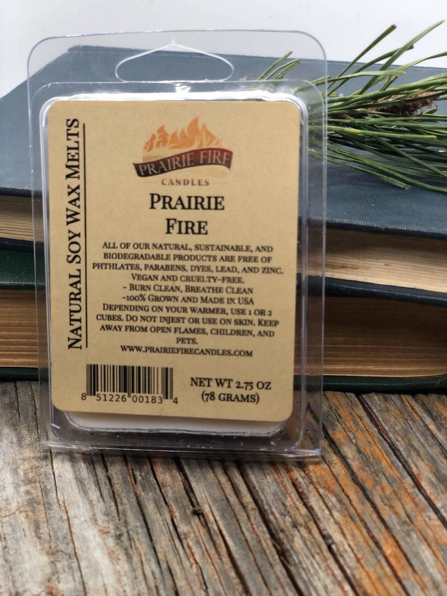 Vegan soy wax melts and wax cubes from Prairie Fire Tallow, with lavender and blue stem design, wickless candles in small batch.