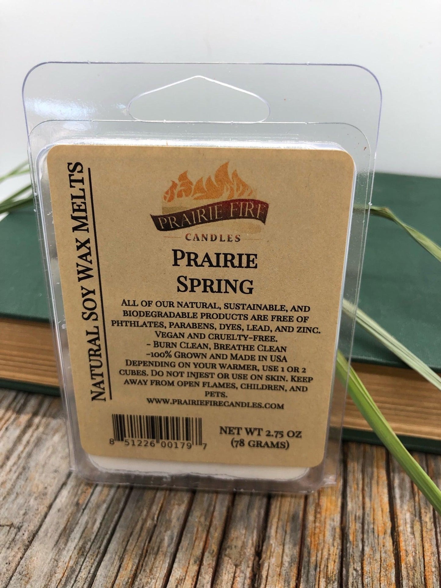 Prairie Fire Tallow soy wax melts in a small batch, vegan wax cubes with lavender and blue stems, wickless candles for home fragrance.