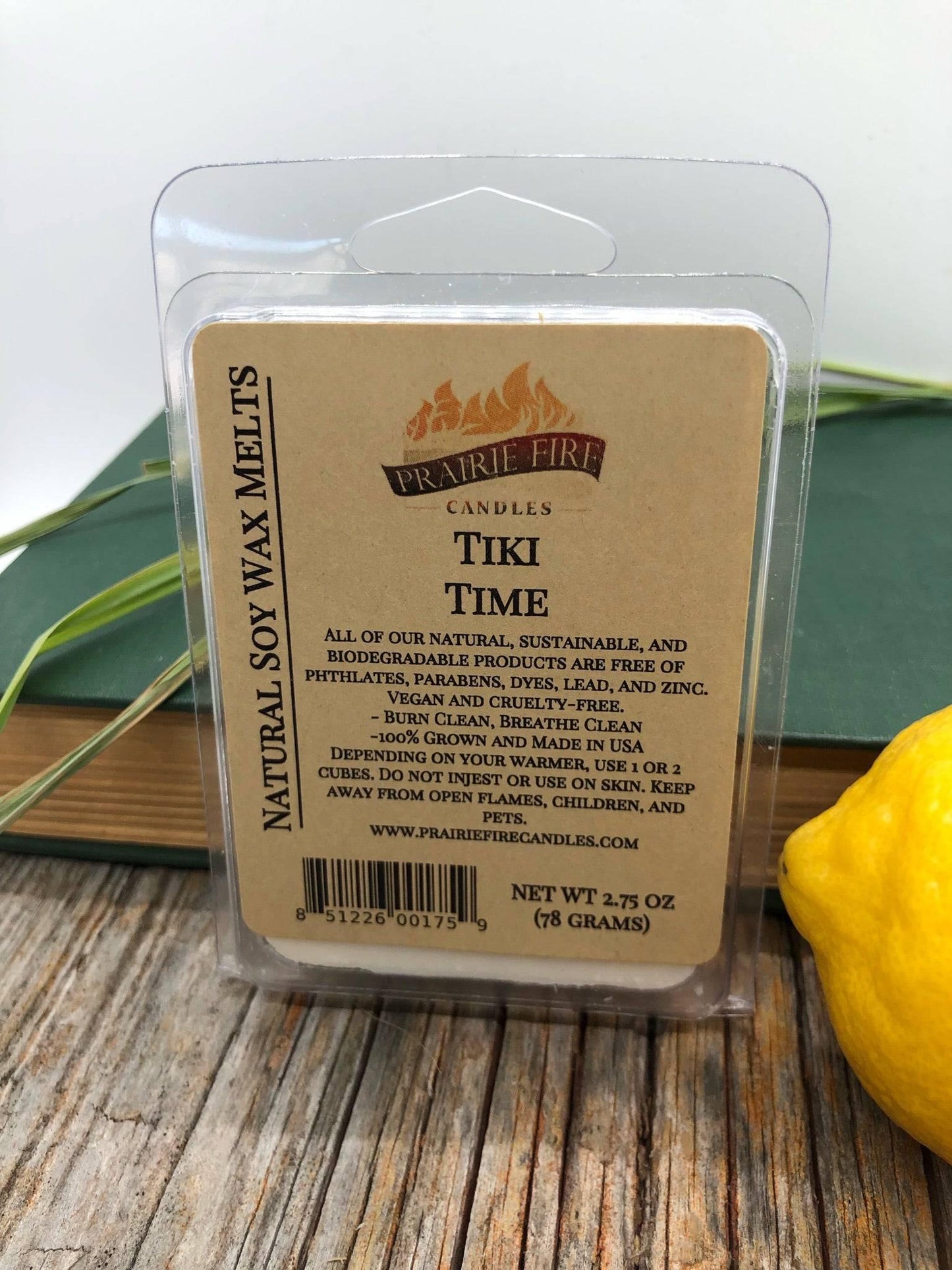 Vegan soy wax melts and wax cubes from Prairie Fire Tallow, featuring wickless candles with lavender and blue stem scent.
