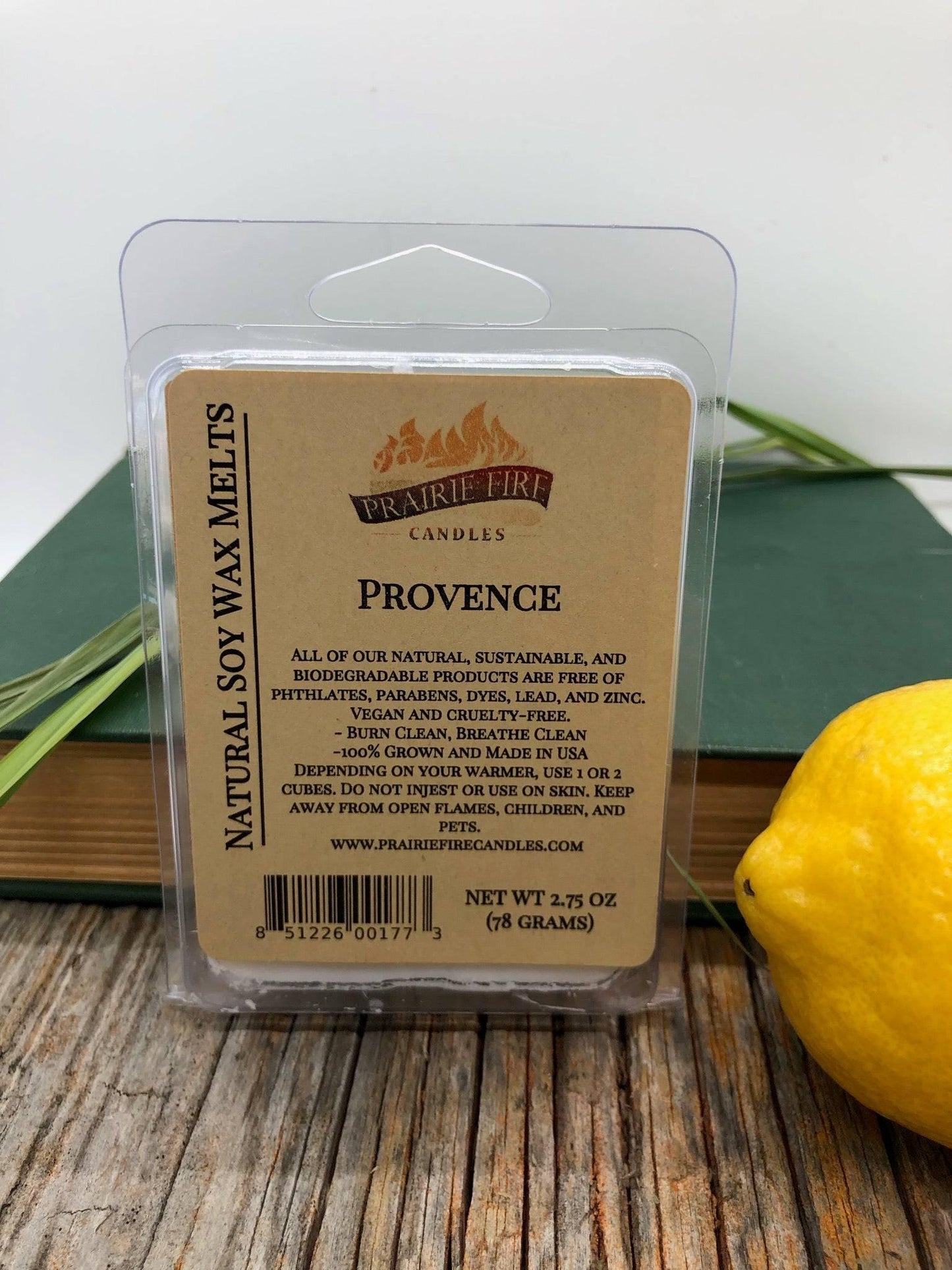 Vegan soy wax melts and wax cubes from Prairie Fire Tallow Candles with lavender and blue stems, wickless and small batch.