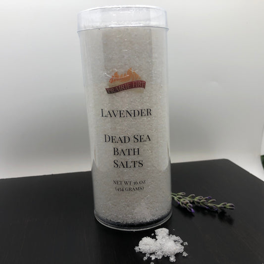 Lavender Dead Sea Bath Salts in a 16oz jar from Prairie Fire, featuring dried lavender flowers and salt crystals for relaxing baths.