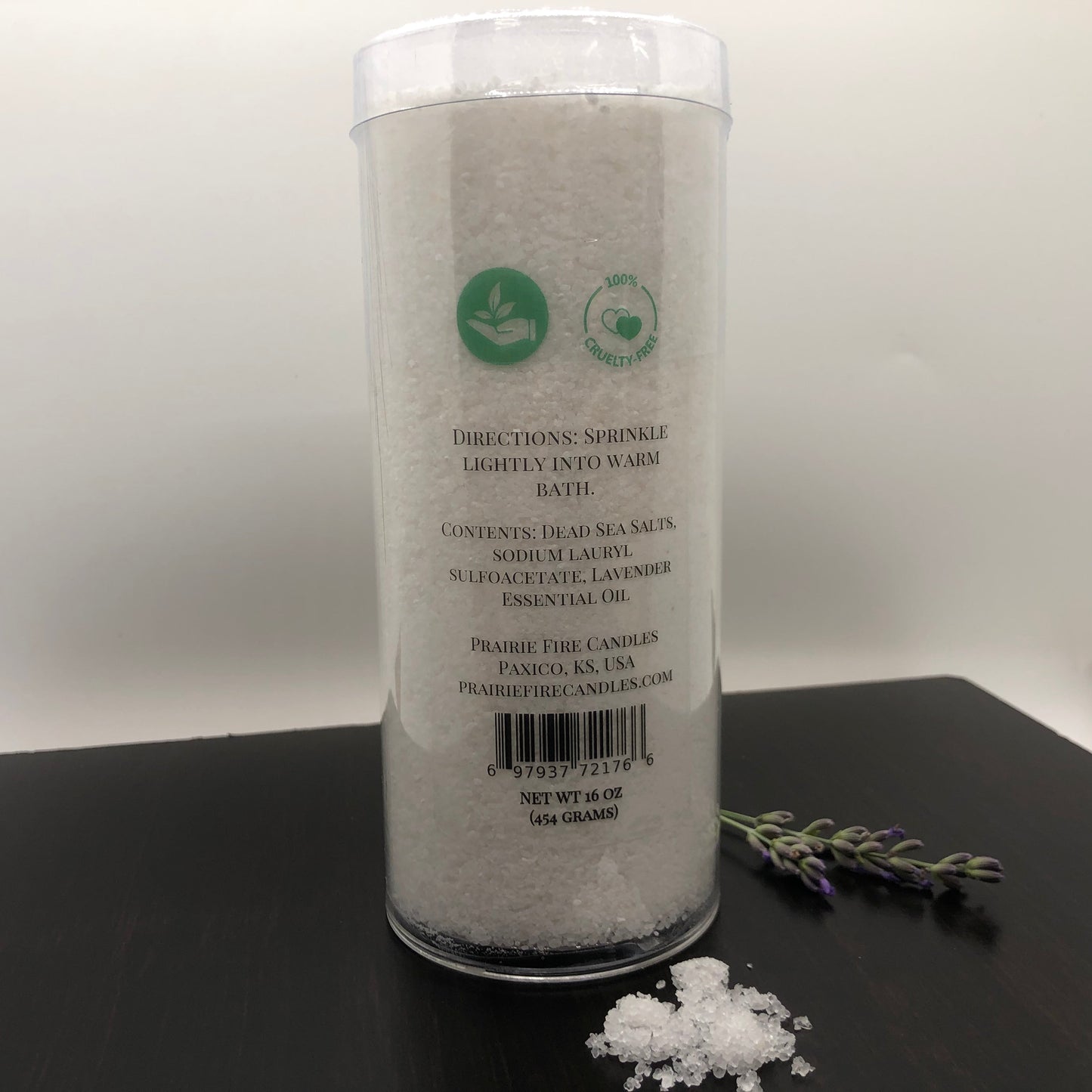 Lavender Dead Sea Bath Salts in 16oz jar from Prairie Fire, with lavender flowers and salts for relaxing bath experience