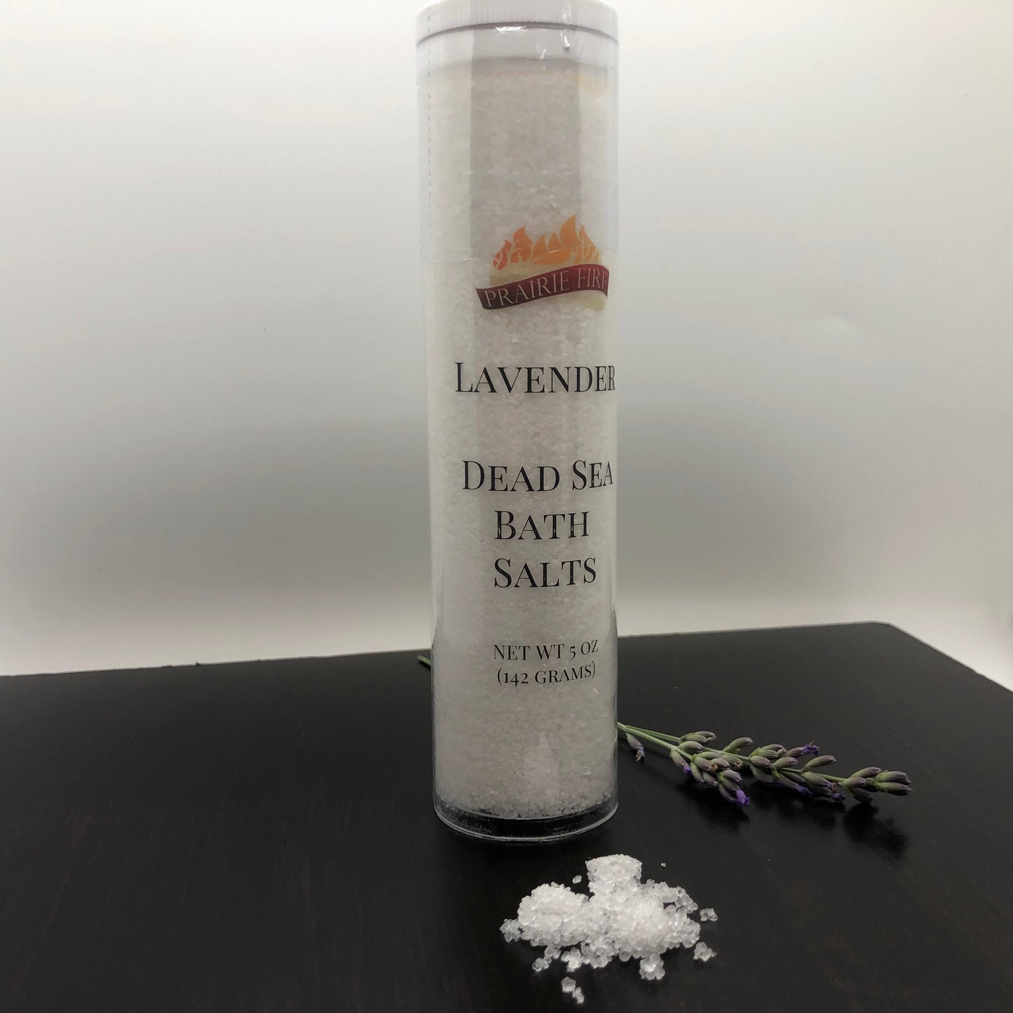Lavender Dead Sea Bath Salts in a 5oz jar from Prairie Fire, featuring soothing lavender and mineral-rich Dead Sea salts.