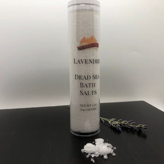 Lavender Dead Sea Bath Salts in a 5oz jar from Prairie Fire, featuring soothing lavender and mineral-rich Dead Sea salts.