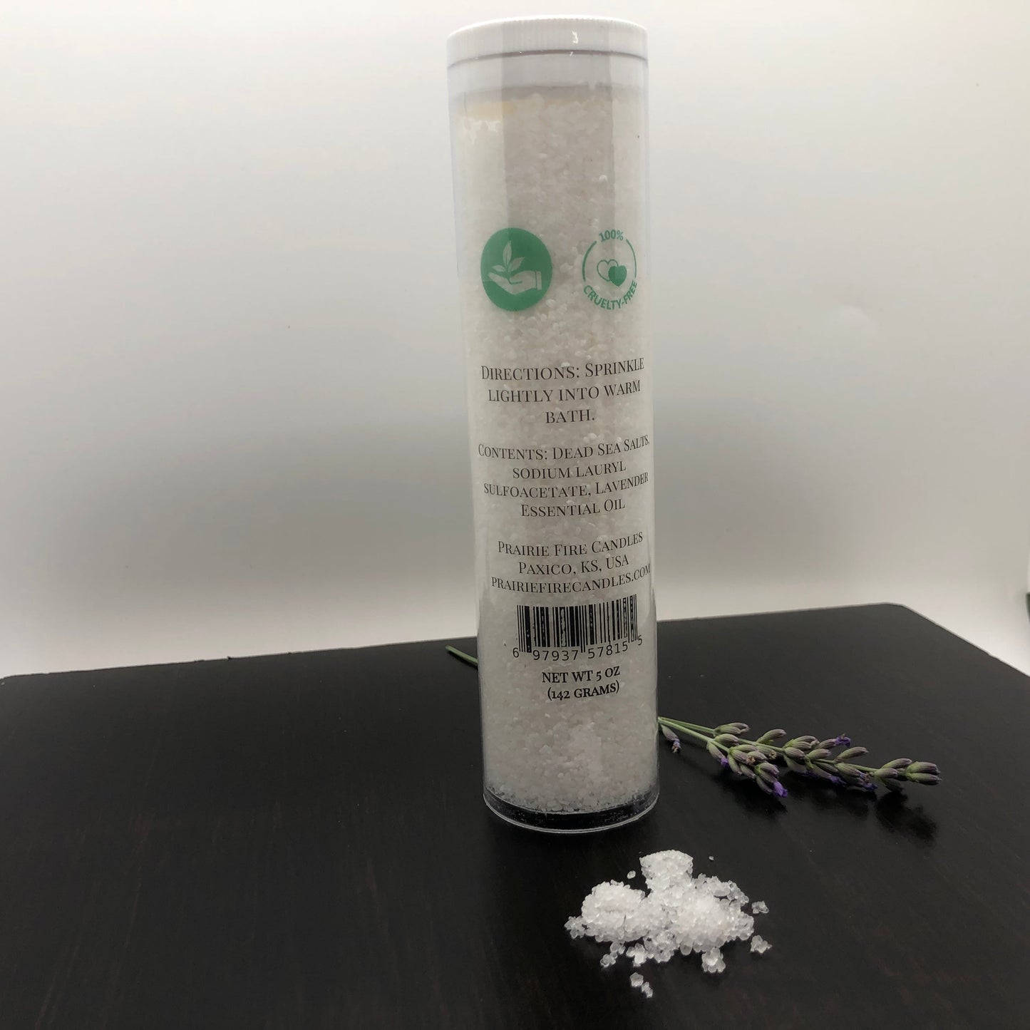 Lavender Dead Sea Bath Salts by Prairie Fire Tallow in a 5oz jar, featuring soothing lavender and mineral-rich Dead Sea salts.