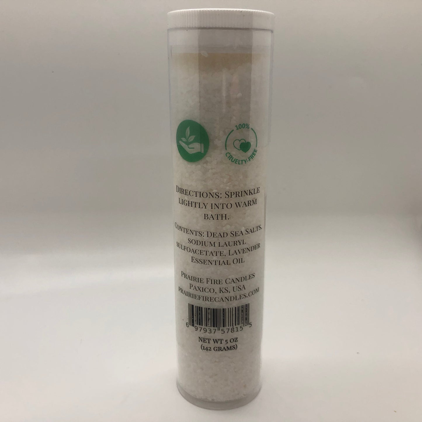 Lavender Dead Sea Bath Salts in 5oz jar from Prairie Fire, featuring soothing lavender scent and natural mineral-rich salts.