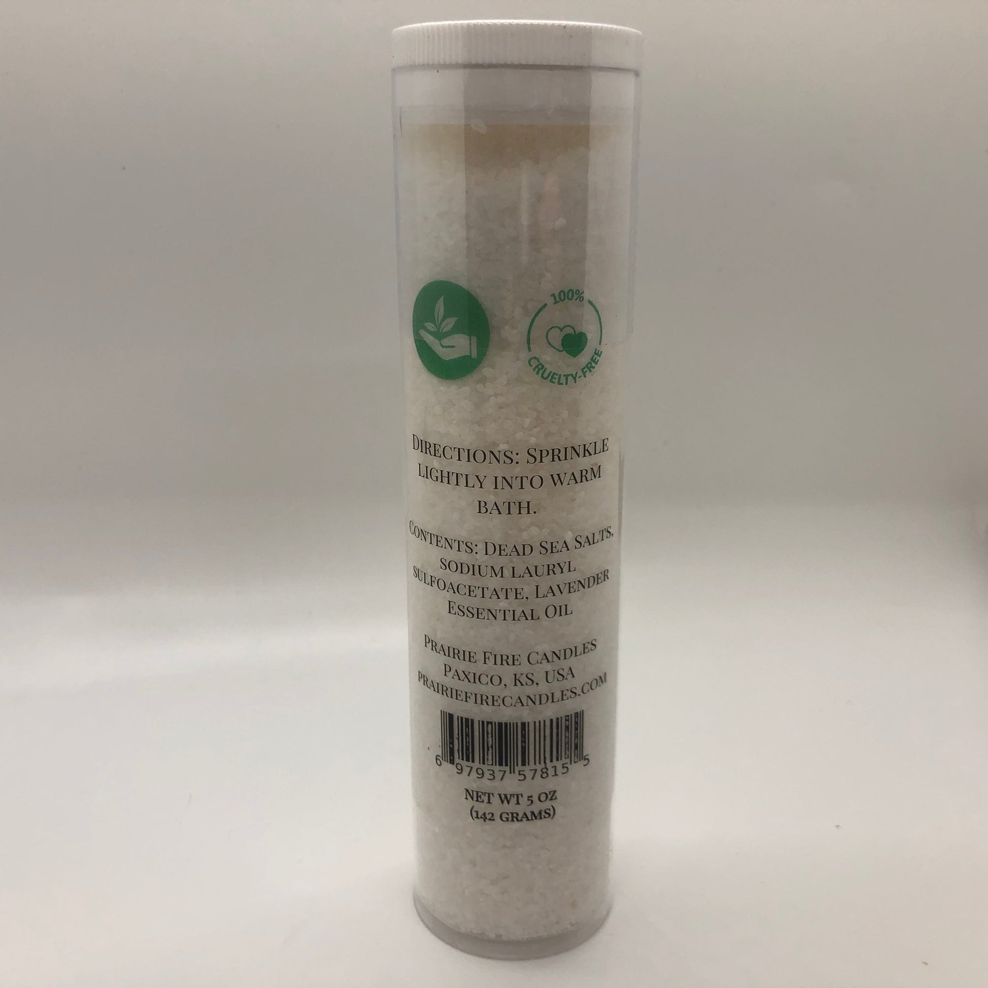 Lavender Dead Sea Bath Salts in 5oz jar from Prairie Fire, featuring soothing lavender scent and natural mineral-rich salts.