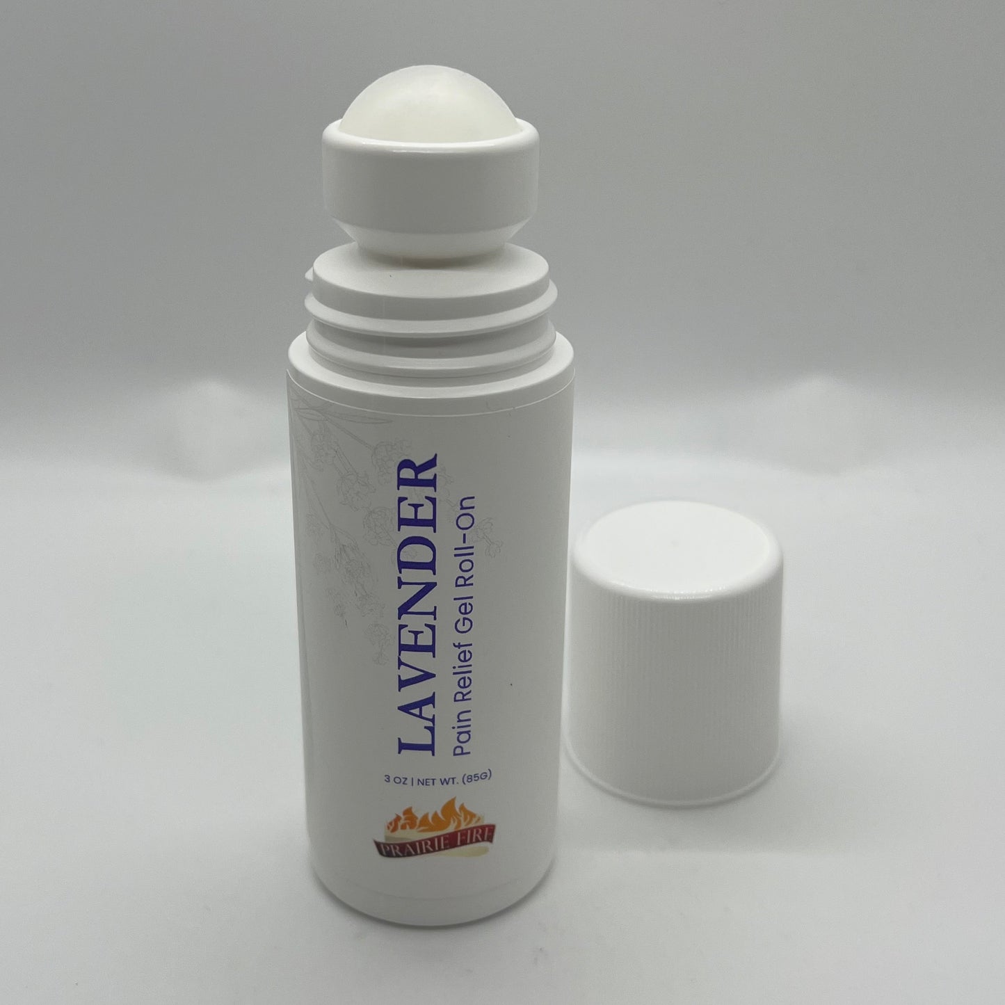 Lavender & menthol soothe pain gel roll-on in 3 oz. bottle from Prairie Fire Lavender Farm, featuring calming lavender and cooling menthol.