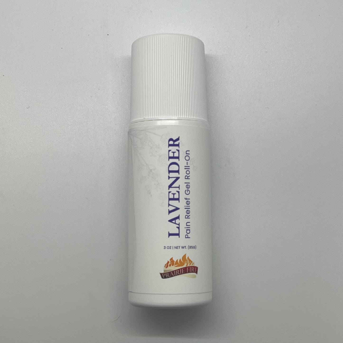 Lavender & menthol soothe pain gel roll-on by Prairie Fire Lavender Farm, 3 oz, with a clear roll-on bottle and lavender background.