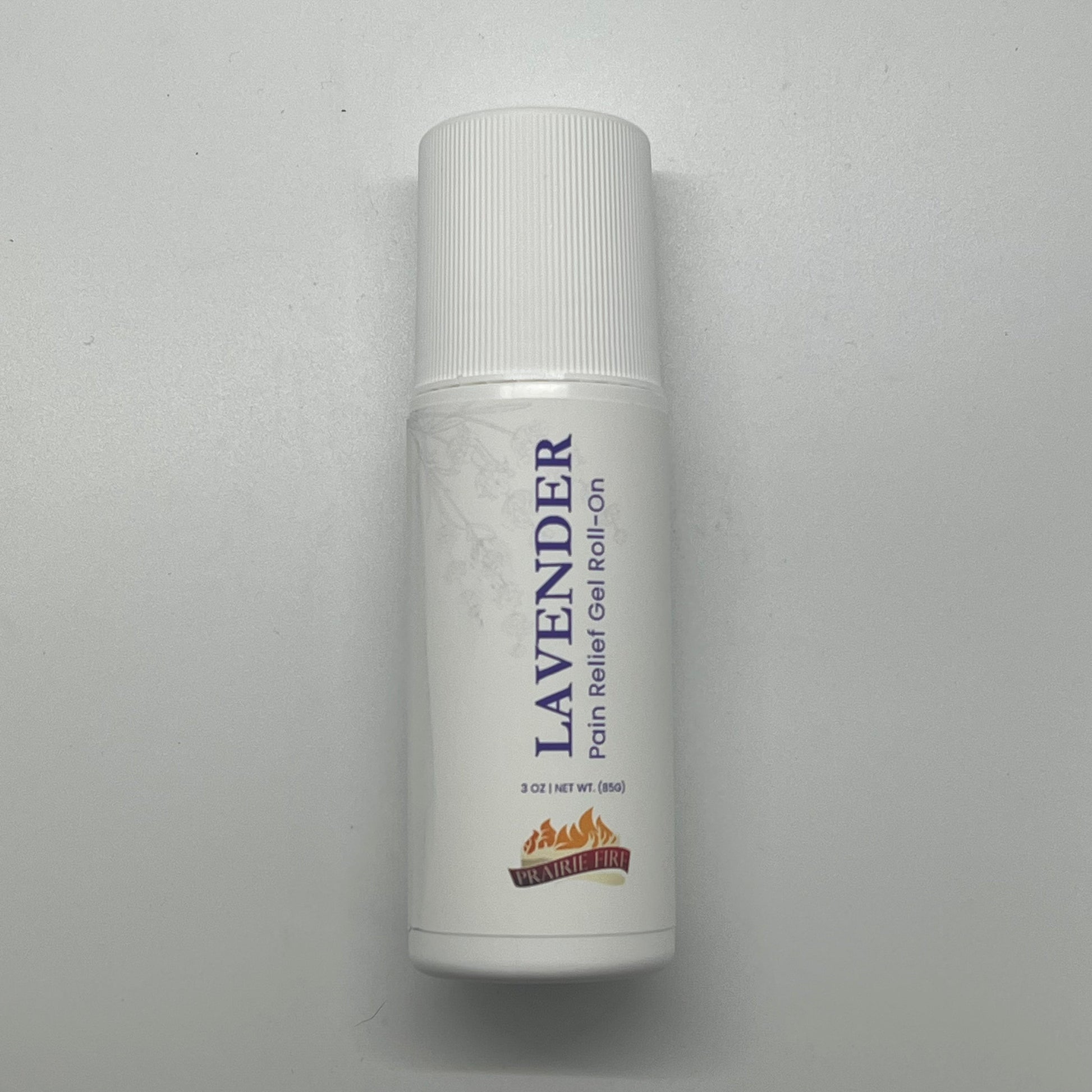 Lavender & menthol soothe pain gel roll-on by Prairie Fire Lavender Farm, 3 oz, with a clear roll-on bottle and lavender background.